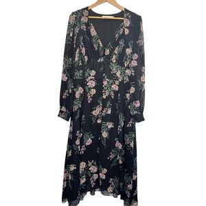 ASTR‎ The Label Dress Floral Print Long Sleeve Button Front Midi Black Sz XL